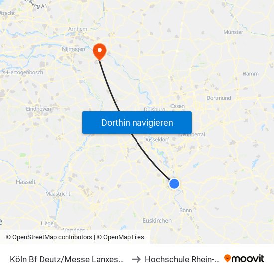 Köln Bf Deutz/Messe Lanxess Arena to Hochschule Rhein-Waal map