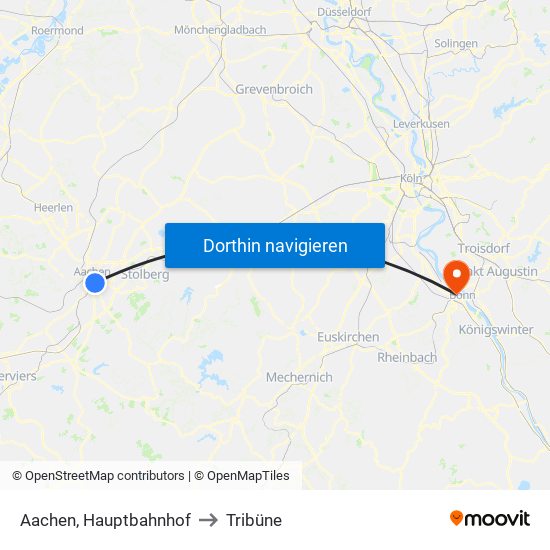 Aachen, Hauptbahnhof to Tribüne map