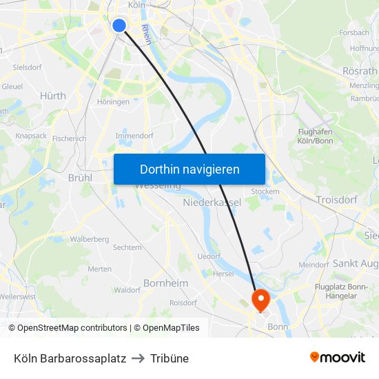 Köln Barbarossaplatz to Tribüne map