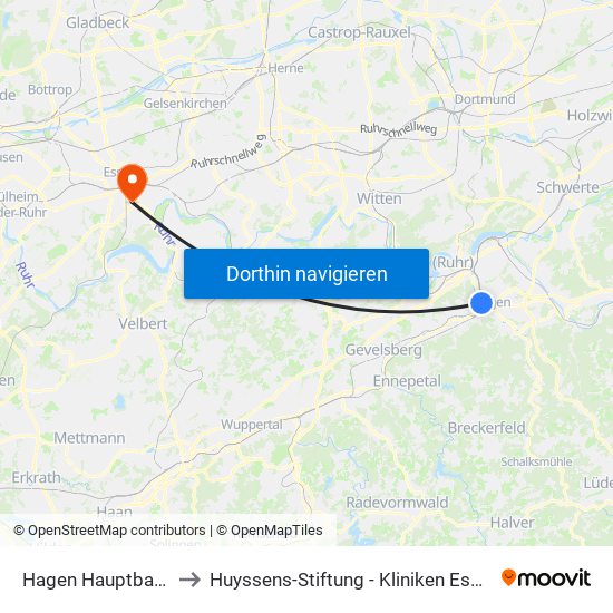 Hagen Hauptbahnhof to Huyssens-Stiftung - Kliniken Essen-Mitte map