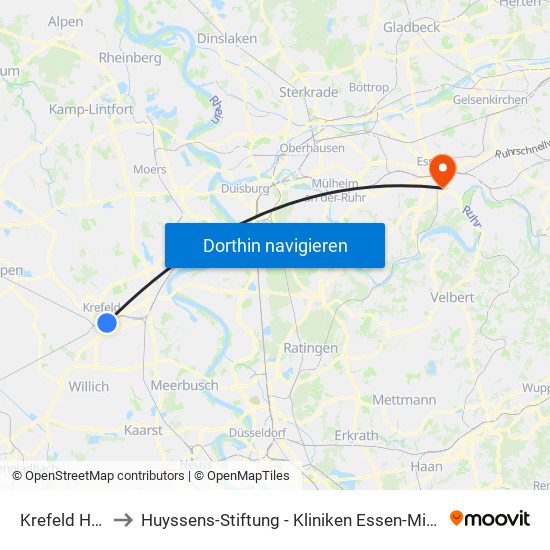 Krefeld Hbf to Huyssens-Stiftung - Kliniken Essen-Mitte map