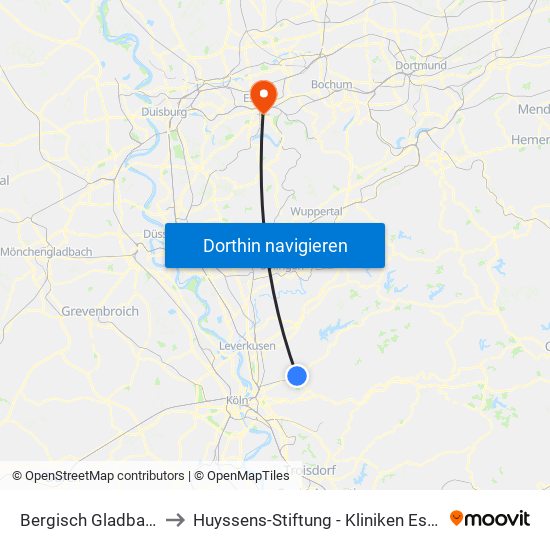 Bergisch Gladbach (S) to Huyssens-Stiftung - Kliniken Essen-Mitte map