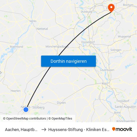 Aachen, Hauptbahnhof to Huyssens-Stiftung - Kliniken Essen-Mitte map