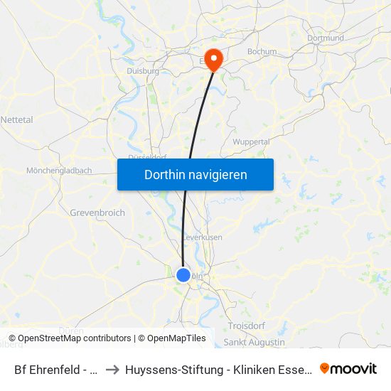 Bf Ehrenfeld - Köln to Huyssens-Stiftung - Kliniken Essen-Mitte map