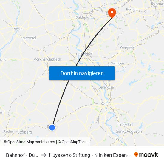 Bahnhof - Düren to Huyssens-Stiftung - Kliniken Essen-Mitte map