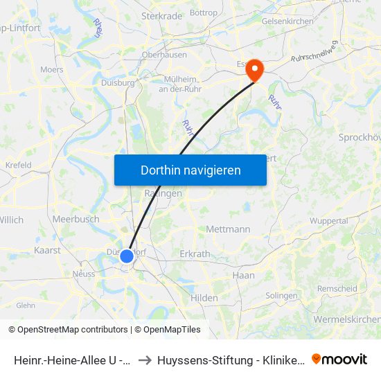 Heinr.-Heine-Allee U - Düsseldorf to Huyssens-Stiftung - Kliniken Essen-Mitte map