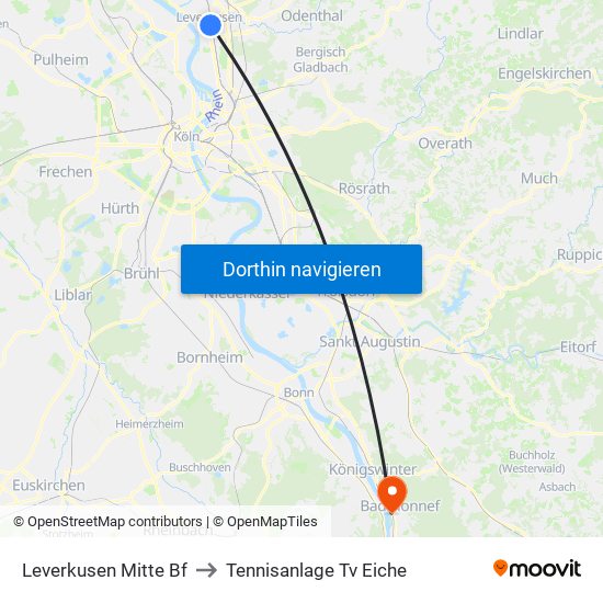 Leverkusen Mitte Bf to Tennisanlage Tv Eiche map