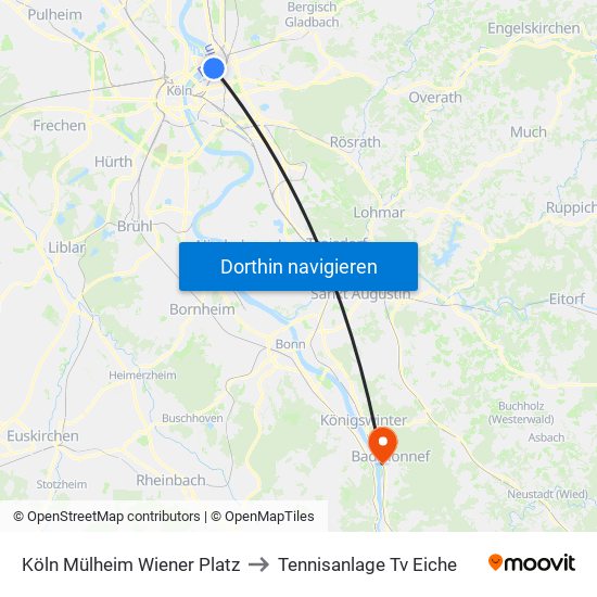 Köln Mülheim Wiener Platz to Tennisanlage Tv Eiche map