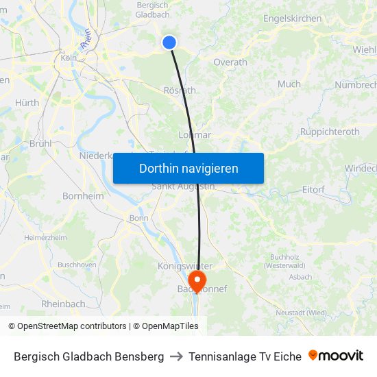 Bergisch Gladbach Bensberg to Tennisanlage Tv Eiche map