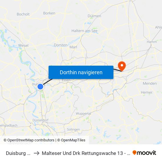 Duisburg Hbf to Malteser Und Drk Rettungswache 13 - Brackel map