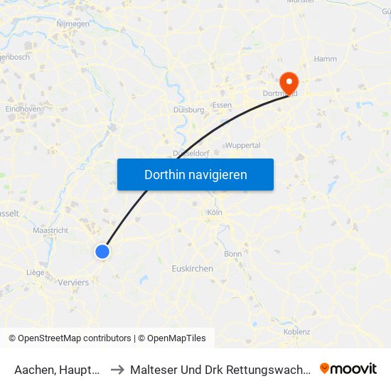 Aachen, Hauptbahnhof to Malteser Und Drk Rettungswache 13 - Brackel map