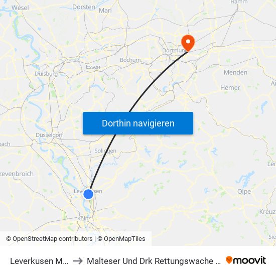 Leverkusen Mitte Bf to Malteser Und Drk Rettungswache 13 - Brackel map