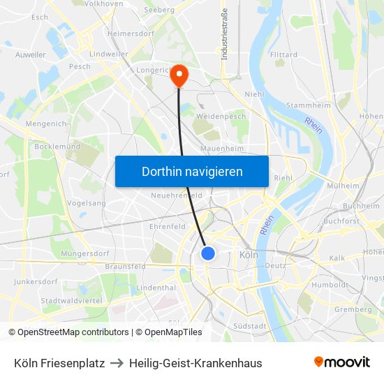 Köln Friesenplatz to Heilig-Geist-Krankenhaus map