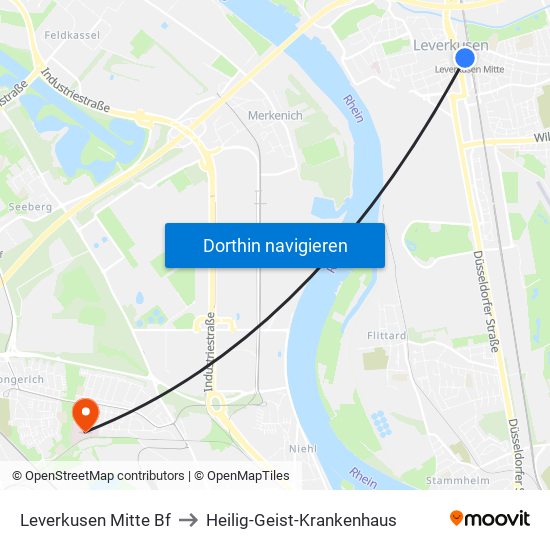 Leverkusen Mitte Bf to Heilig-Geist-Krankenhaus map