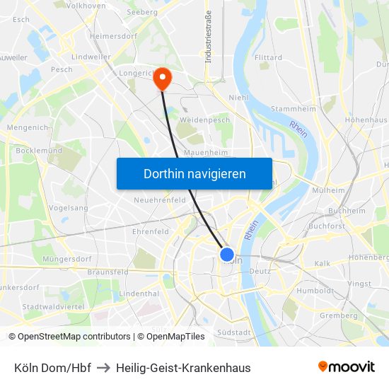 Köln Dom/Hbf to Heilig-Geist-Krankenhaus map