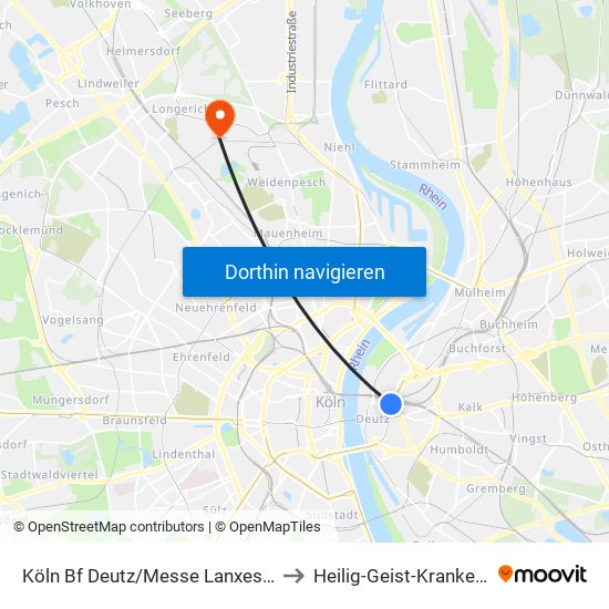Köln Bf Deutz/Messe Lanxess Arena to Heilig-Geist-Krankenhaus map