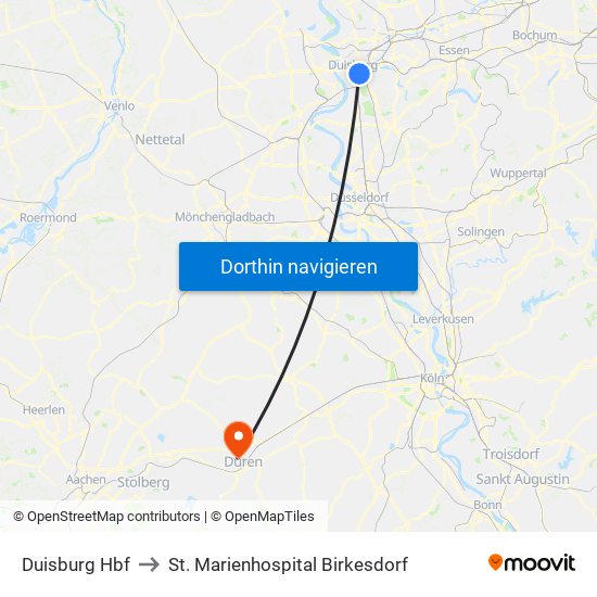 Duisburg Hbf to St. Marienhospital Birkesdorf map