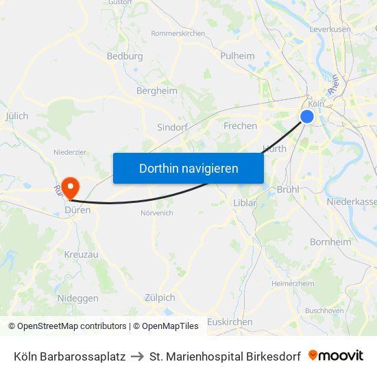 Köln Barbarossaplatz to St. Marienhospital Birkesdorf map