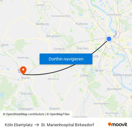 Köln Ebertplatz to St. Marienhospital Birkesdorf map