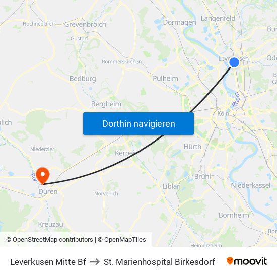 Leverkusen Mitte Bf to St. Marienhospital Birkesdorf map