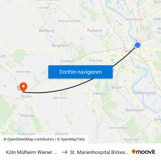 Köln Mülheim Wiener Platz to St. Marienhospital Birkesdorf map