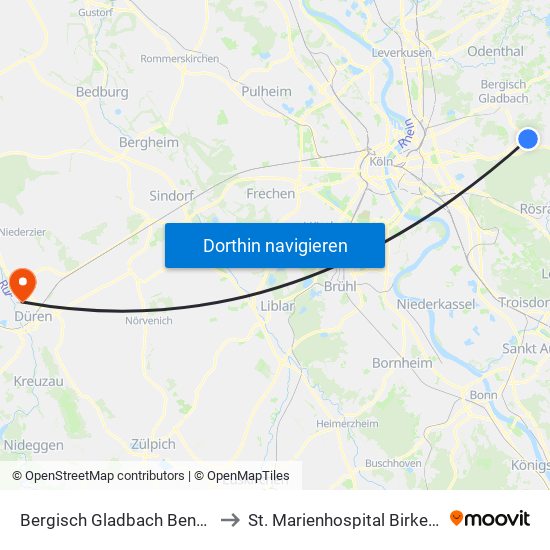 Bergisch Gladbach Bensberg to St. Marienhospital Birkesdorf map