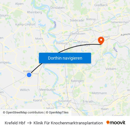 Krefeld Hbf to Klinik Für Knochenmarktransplantation map