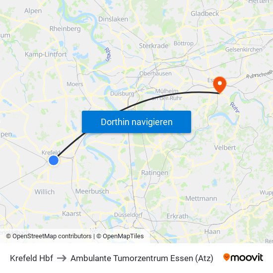 Krefeld Hbf to Ambulante Tumorzentrum Essen (Atz) map