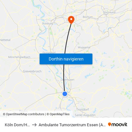 Köln Dom/Hbf to Ambulante Tumorzentrum Essen (Atz) map