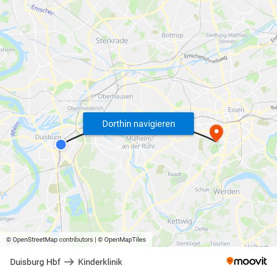 Duisburg Hbf to Kinderklinik map