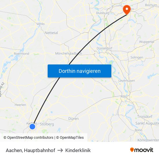 Aachen, Hauptbahnhof to Kinderklinik map