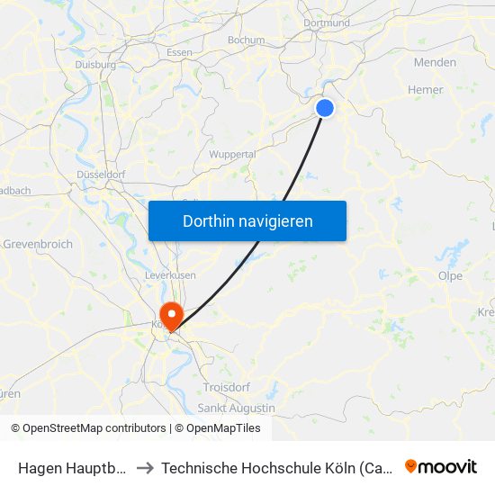 Hagen Hauptbahnhof to Technische Hochschule Köln (Campus Deutz) map