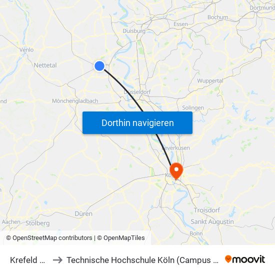 Krefeld Hbf to Technische Hochschule Köln (Campus Deutz) map