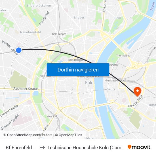 Bf Ehrenfeld - Köln to Technische Hochschule Köln (Campus Deutz) map