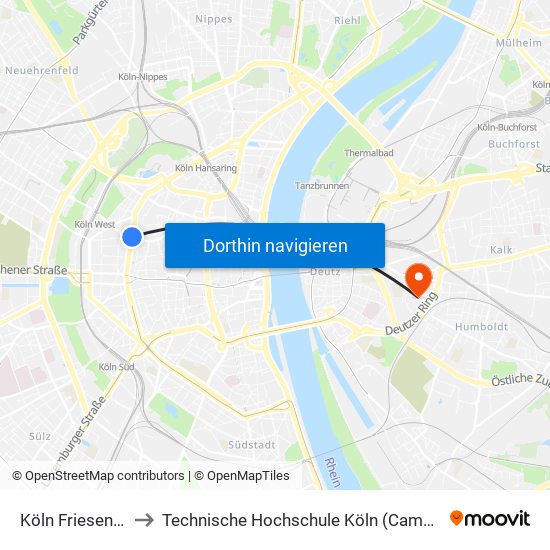 Köln Friesenplatz to Technische Hochschule Köln (Campus Deutz) map