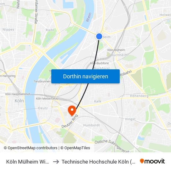 Köln Mülheim Wiener Platz to Technische Hochschule Köln (Campus Deutz) map