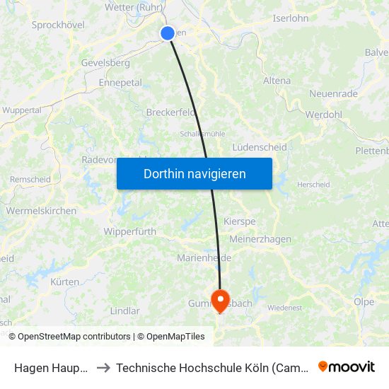 Hagen Hauptbahnhof to Technische Hochschule Köln (Campus Gummersbach) map