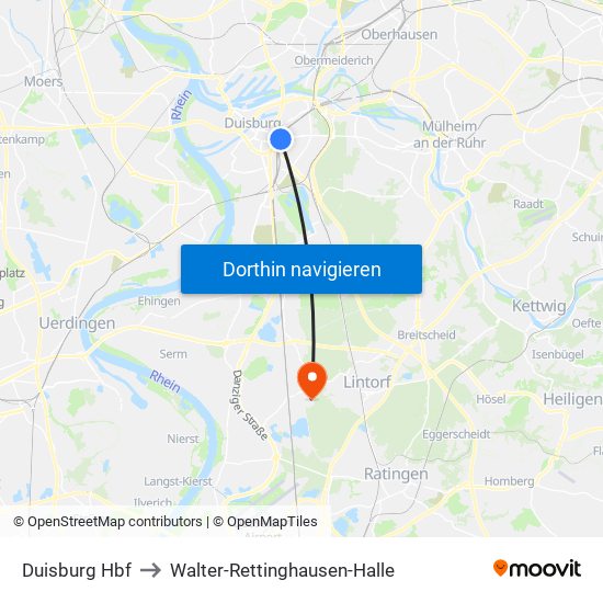 Duisburg Hbf to Walter-Rettinghausen-Halle map