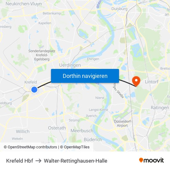 Krefeld Hbf to Walter-Rettinghausen-Halle map