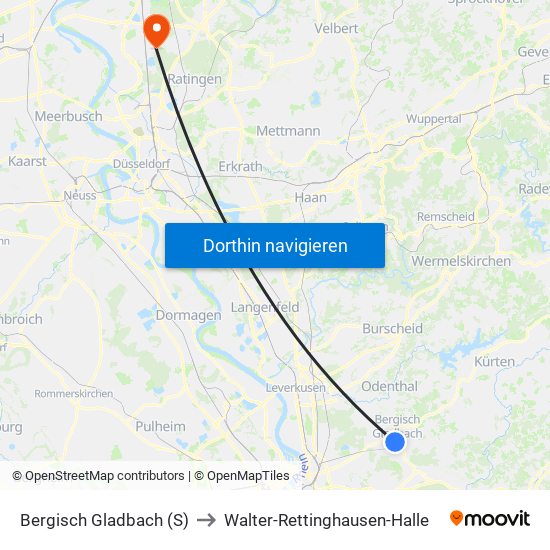 Bergisch Gladbach (S) to Walter-Rettinghausen-Halle map