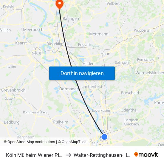 Köln Mülheim Wiener Platz to Walter-Rettinghausen-Halle map