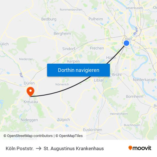 Köln Poststr. to St. Augustinus Krankenhaus map