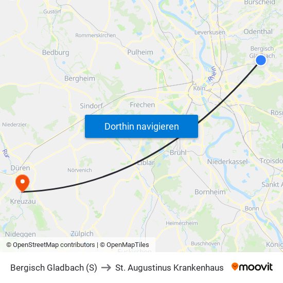 Bergisch Gladbach (S) to St. Augustinus Krankenhaus map