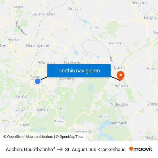 Aachen, Hauptbahnhof to St. Augustinus Krankenhaus map