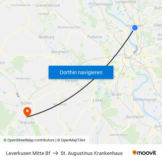 Leverkusen Mitte Bf to St. Augustinus Krankenhaus map