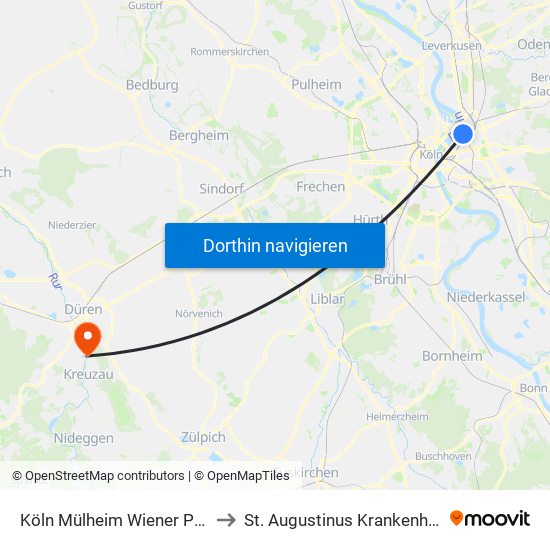 Köln Mülheim Wiener Platz to St. Augustinus Krankenhaus map