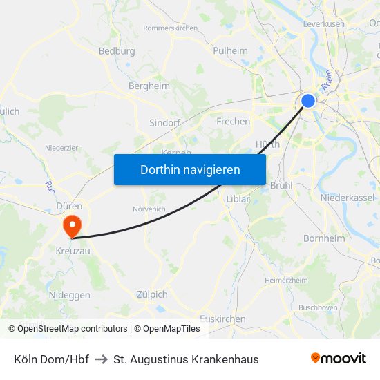 Köln Dom/Hbf to St. Augustinus Krankenhaus map