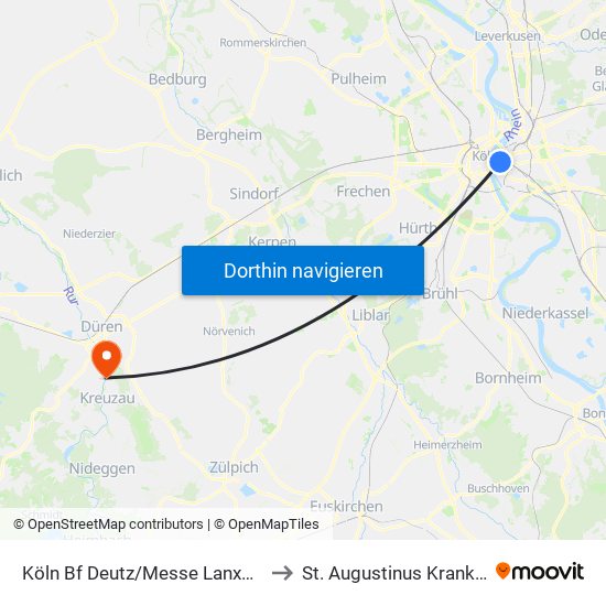 Köln Bf Deutz/Messe Lanxess Arena to St. Augustinus Krankenhaus map