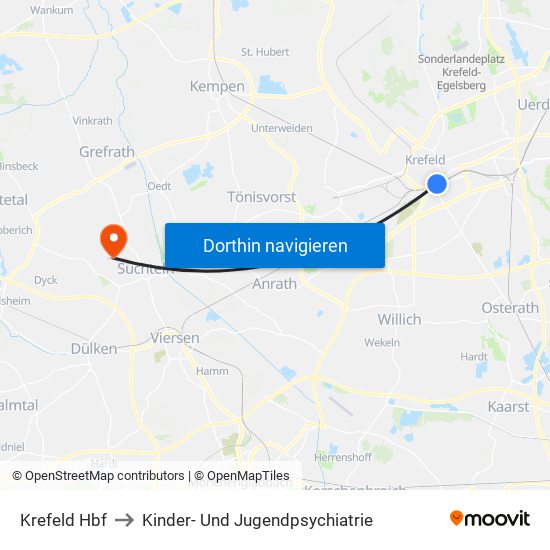 Krefeld Hbf to Kinder- Und Jugendpsychiatrie map