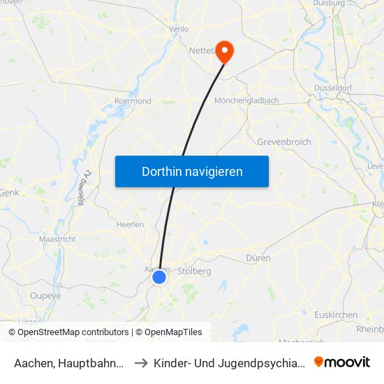 Aachen, Hauptbahnhof to Kinder- Und Jugendpsychiatrie map